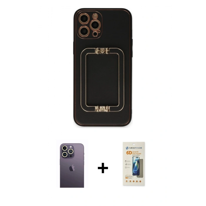 MARSİLYAN™- iPhone 12 Pro Max Kılıf Kozmos Minimal Prime - Siyah 6D Mat Seramik Hayalet Nano Ekran Koruyucu + Beyaz Neon Fosforlu Kamera Lens