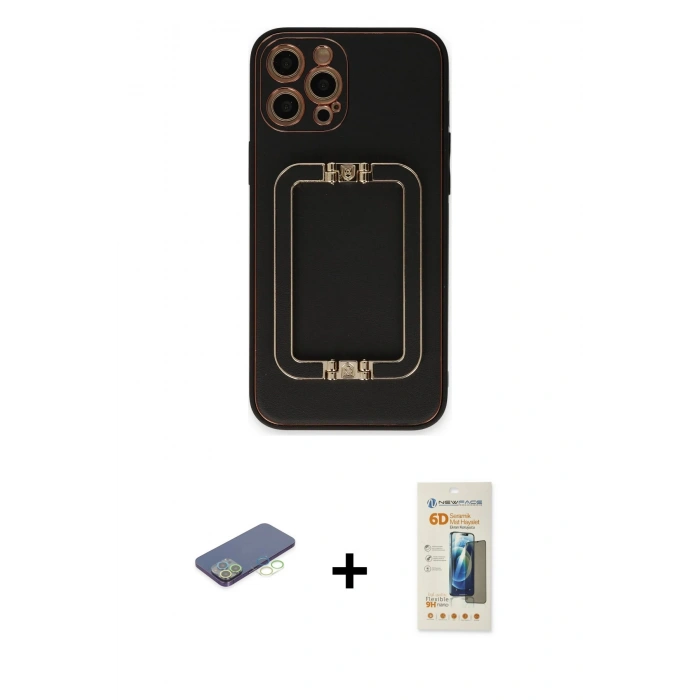 MARSİLYAN™- iPhone 12 Pro Max Kılıf Kozmos Minimal Prime - Siyah 6D Mat Seramik Hayalet Nano Ekran Koruyucu + Yeşil Renkli Kamera Lens Koruma Cam