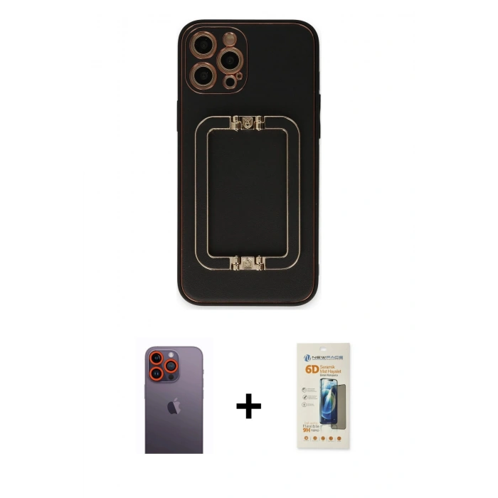 MARSİLYAN™- iPhone 12 Pro Max Kılıf Kozmos Minimal Prime - Siyah 6D Mat Seramik Hayalet Nano Ekran Koruyucu + Turuncu Neon Fosforlu Kamera Lens