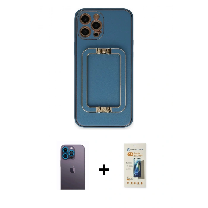 MARSİLYAN™- iPhone 12 Pro Max Kılıf Kozmos Minimal Prime - Siyah 6D Mat Seramik Hayalet Nano Ekran Koruyucu + Mavi Neon Fosforlu Kamera Lens