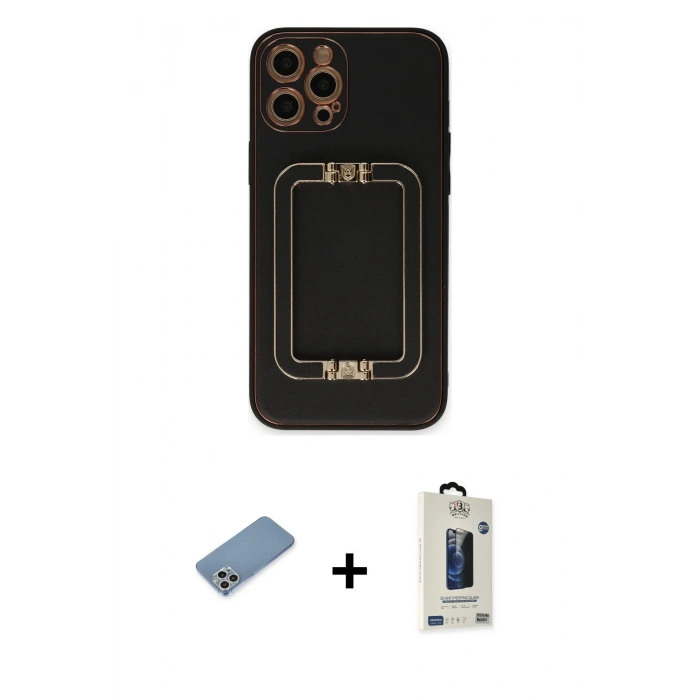 MARSİLYAN™- iPhone 12 Pro Max Kılıf Kozmos Minimal Prime - Siyah Bilvis Hayalet Cam Ekran Koruyucu + Shine Kamera Lens Koruma Cam - GS