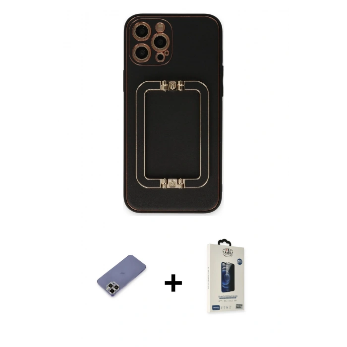 MARSİLYAN™- iPhone 12 Pro Max Kılıf Kozmos Minimal Prime - Siyah Bilvis Hayalet Cam Ekran Koruyucu + Metal Kamera Lens Koruma Cam - GD