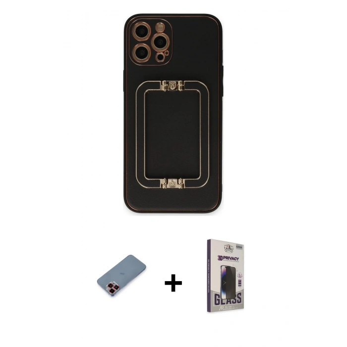 MARSİLYAN™- iPhone 12 Pro Max Kılıf Kozmos Minimal Prime - Siyah Bilvis Hayalet Cam Ekran Koruyucu + Metal Kamera Lens Koruma Cam - KI