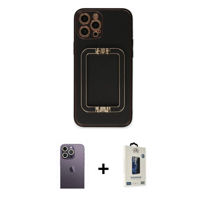 MARSİLYAN™- iPhone 12 Pro Max Kılıf Kozmos Minimal Prime - Siyah Bilvis Hayalet Cam Ekran Koruyucu + Neon Fosforlu Kamera Lens - BZ