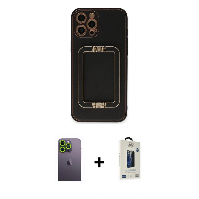 MARSİLYAN™- iPhone 12 Pro Max Kılıf Kozmos Minimal Prime - Siyah Bilvis Hayalet Cam Ekran Koruyucu + Neon Fosforlu Kamera Lens - YL