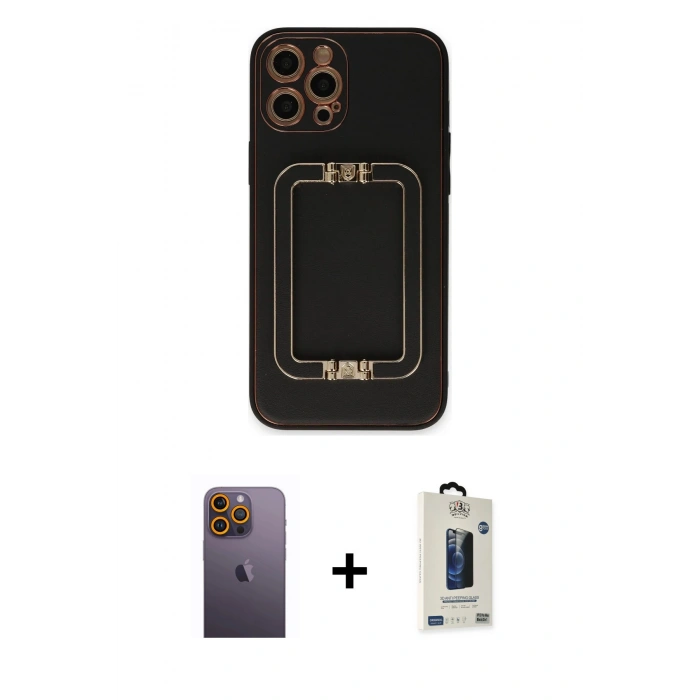MARSİLYAN™- iPhone 12 Pro Max Kılıf Kozmos Minimal Prime - Siyah Bilvis Hayalet Cam Ekran Koruyucu + Neon Fosforlu Kamera Lens - SI