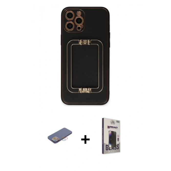 MARSİLYAN™- iPhone 12 Pro Max Kılıf Kozmos Minimal Prime - Siyah Bilvis Hayalet Cam Ekran Koruyucu + Renkli Kamera Lens Koruma Cam - PE