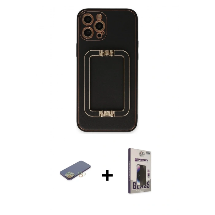MARSİLYAN™- iPhone 12 Pro Max Kılıf Kozmos Minimal Prime - Siyah Bilvis Hayalet Cam Ekran Koruyucu + Renkli Kamera Lens Koruma Cam - SI