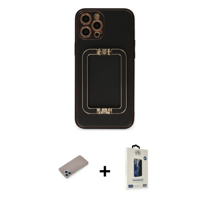 MARSİLYAN™- iPhone 12 Pro Max Kılıf Kozmos Minimal Prime - Siyah Bilvis Hayalet Cam Ekran Koruyucu + Shine Kamera Lens Koruma Cam - SABE