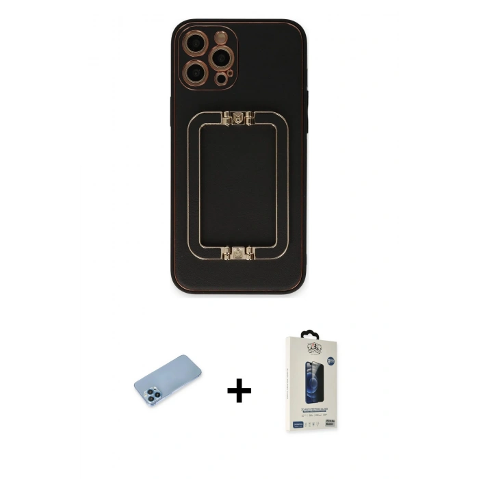 MARSİLYAN™- iPhone 12 Pro Max Kılıf Kozmos Minimal Prime - Siyah Bilvis Hayalet Cam Ekran Koruyucu + Shine Kamera Lens Koruma Cam - MI