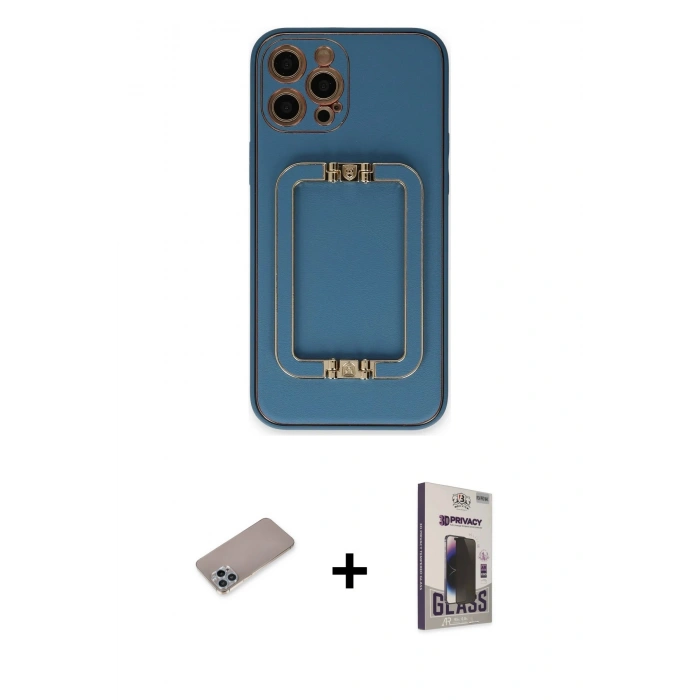 MARSİLYAN™- iPhone 12 Pro Max Kılıf Kozmos Minimal Prime - Siyah Bilvis Hayalet Cam Ekran Koruyucu + Sierra Blue Shine Kamera Lens Koruma Cam