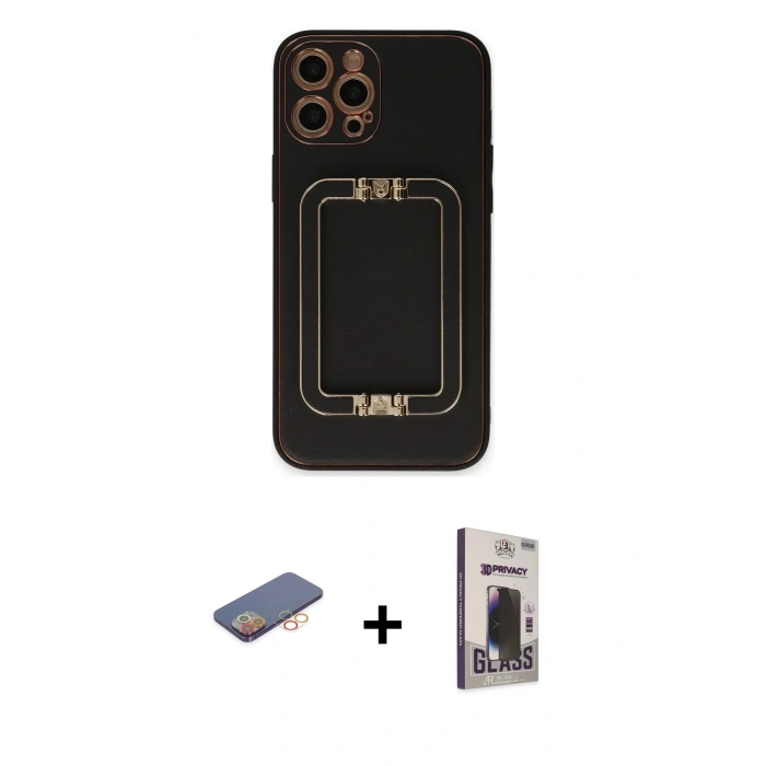 MARSİLYAN™- iPhone 12 Pro Max Kılıf Kozmos Minimal Prime - Siyah Bilvis Hayalet Cam Ekran Koruyucu + Renkli Kamera Lens Koruma Cam - TU
