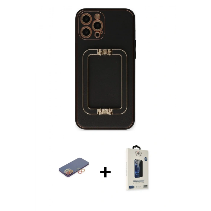 MARSİLYAN™- iPhone 12 Pro Max Kılıf Kozmos Minimal Prime - Siyah Bilvis Hayalet Cam Ekran Koruyucu + Renkli Kamera Lens Koruma Cam - TU