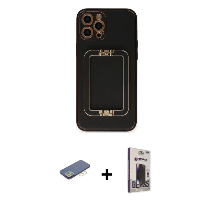 MARSİLYAN™- iPhone 12 Pro Max Kılıf Kozmos Minimal Prime - Siyah Bilvis Hayalet Cam Ekran Koruyucu + Renkli Kamera Lens Koruma Cam - YL