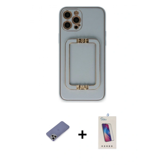 MARSİLYAN™- iPhone 12 Pro Max Kılıf Kozmos Minimal Prime - Siyah Joko 5D Cam + Gold Metal Kamera Lens Koruma Cam
