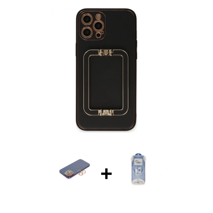 MARSİLYAN™- iPhone 12 Pro Max Kılıf Kozmos Minimal Prime - Siyah Joko Magic 5D Cam + Turuncu Renkli Kamera Lens Koruma Cam