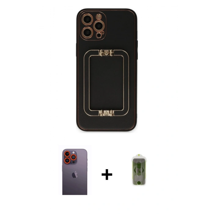 MARSİLYAN™- iPhone 12 Pro Max Kılıf Kozmos Minimal Prime - Siyah Joko Magic 5D Hayalet Cam + Turuncu Neon Fosforlu Kamera Lens