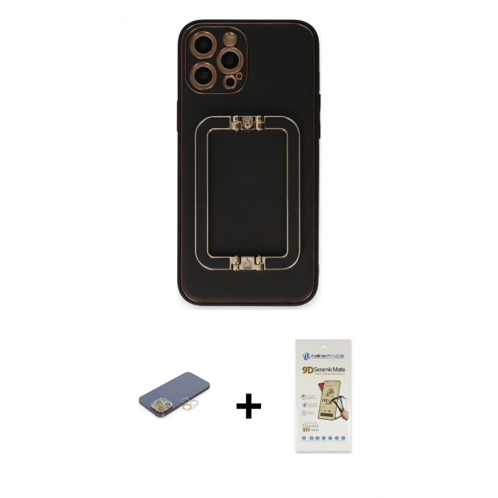 MARSİLYAN™- iPhone 12 Pro Max Kılıf Kozmos Minimal Prime - Siyah Mat Seramik Nano Ekran Koruyucu + Sarı Renkli Kamera Lens Koruma Cam