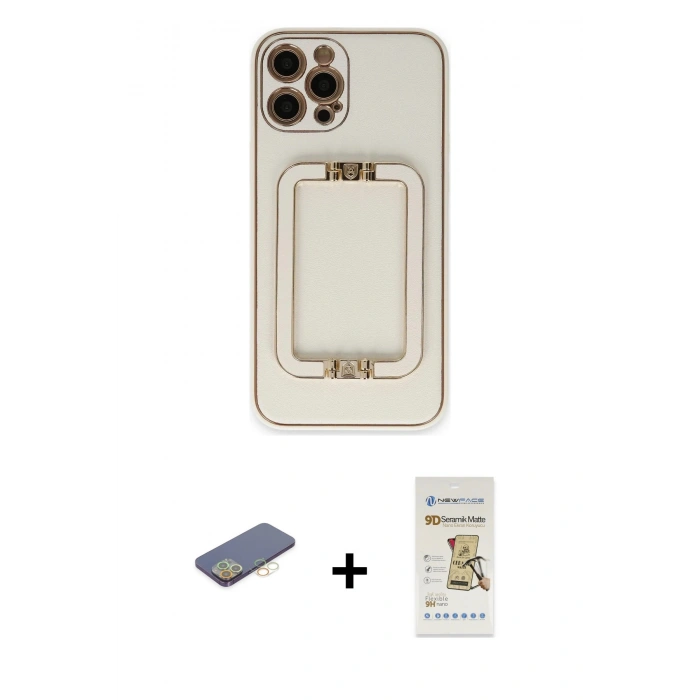 MARSİLYAN™- iPhone 12 Pro Max Kılıf Kozmos Minimal Prime - Siyah Mat Seramik Nano Ekran Koruyucu + Sarı Renkli Kamera Lens Koruma Cam