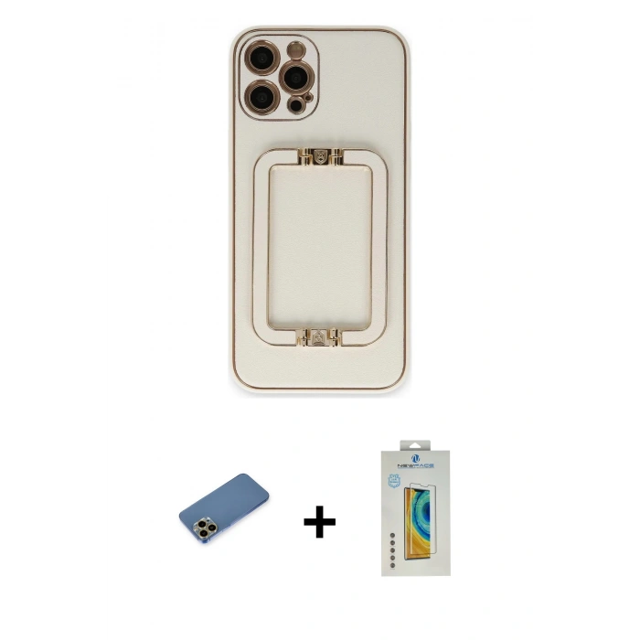 MARSİLYAN™- iPhone 12 Pro Max Kılıf Kozmos Minimal Prime - Siyah Polymer Nano Ekran Koruyucu + Gold Shine Kamera Lens Koruma Cam