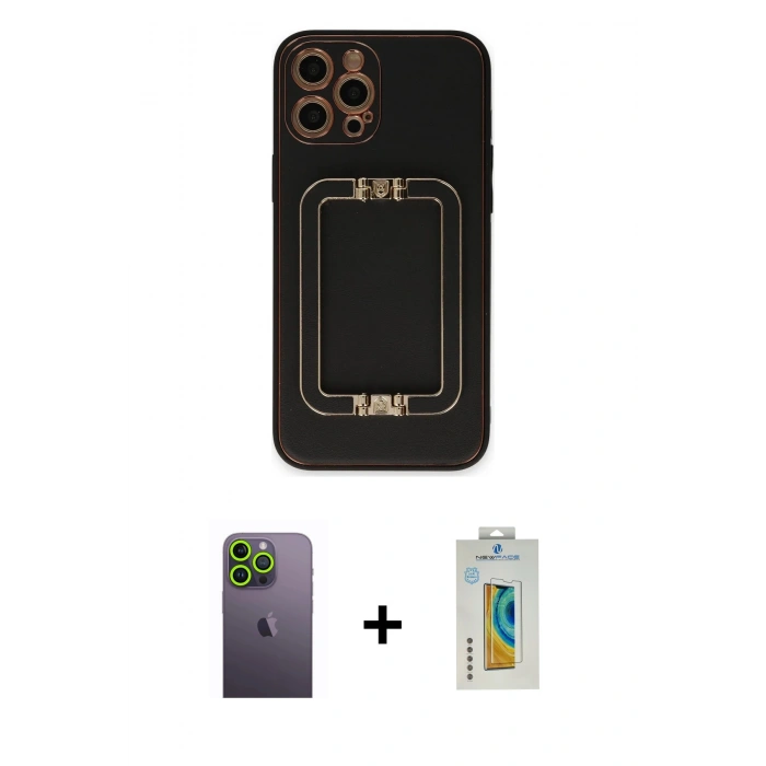 MARSİLYAN™- iPhone 12 Pro Max Kılıf Kozmos Minimal Prime - Siyah Polymer Nano Ekran Koruyucu + Neon Fosforlu Kamera Lens - YL