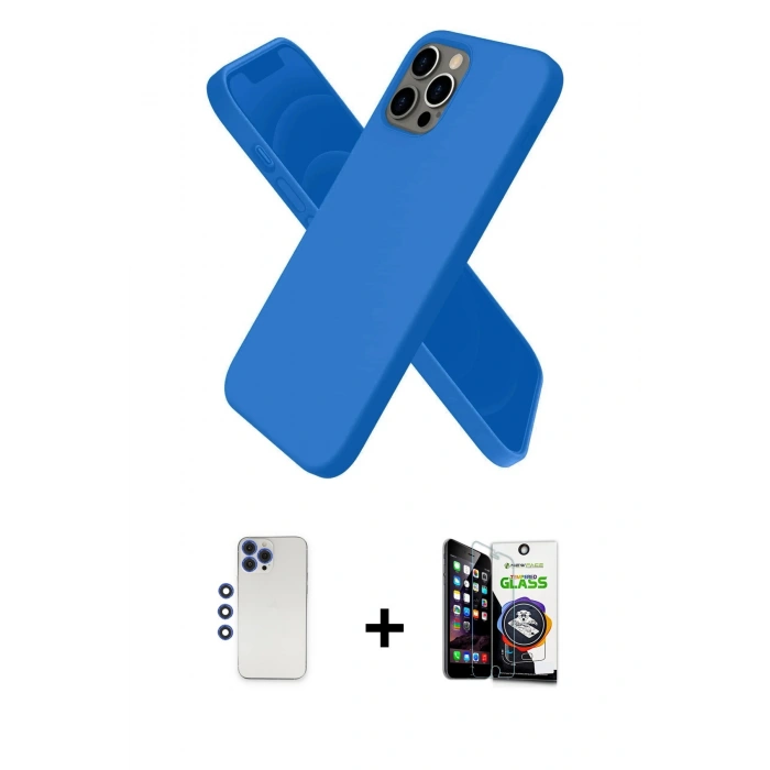 MARSİLYAN™- iPhone 12 Pro Max Kılıf Kozmos Yansıma Özel Seri - Şeffaf Temperli Cam Ekran Koruyucu + Lacivert Shine Kamera Lens