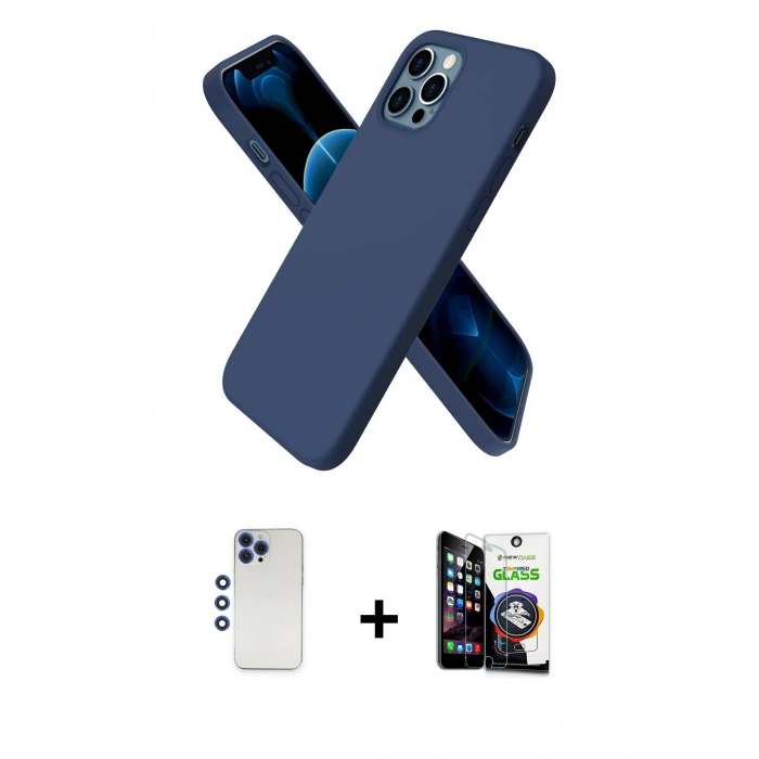 MARSİLYAN™- iPhone 12 Pro Max Kılıf Kozmos Yansıma Özel Seri - Şeffaf Temperli Cam Ekran Koruyucu + Lacivert Shine Kamera Lens