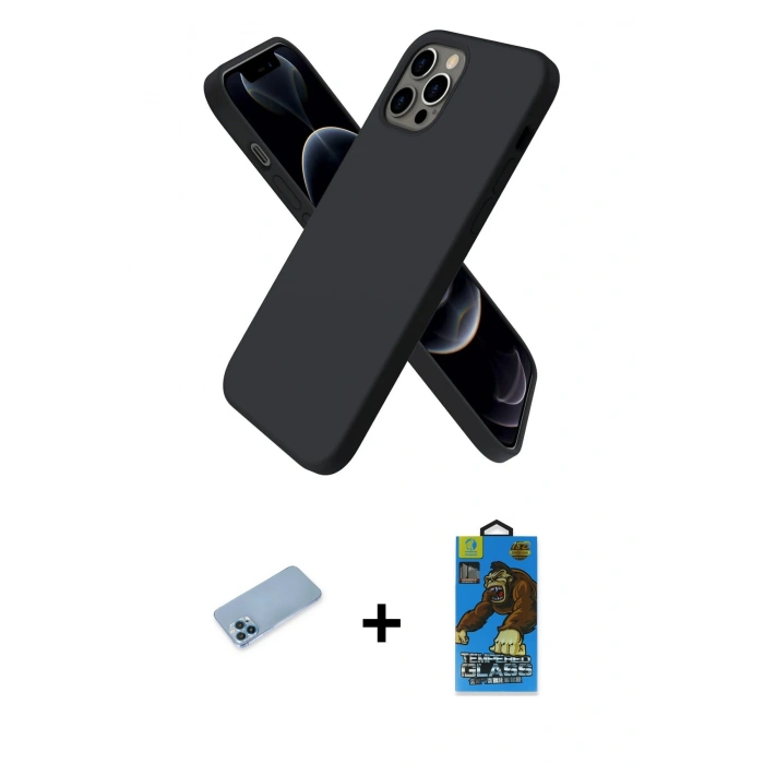 MARSİLYAN™- iPhone 12 Pro Max Kılıf Kozmos Yansıma Özel Seri - Siyah 18D Cam Ekran Koruyucu + Mavi Shine Kamera Lens Koruma Cam