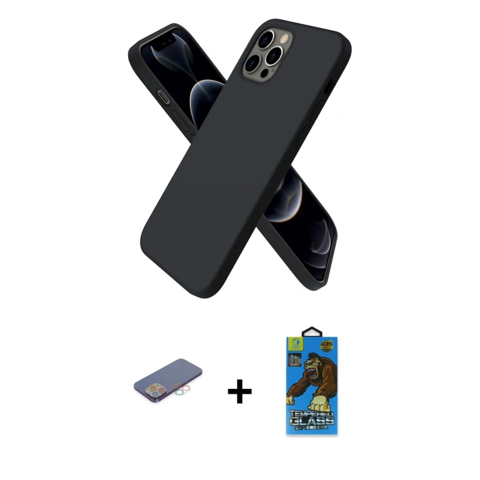 MARSİLYAN™- iPhone 12 Pro Max Kılıf Kozmos Yansıma Özel Seri - Siyah 18D Cam Ekran Koruyucu + Renkli Kamera Lens Koruma Cam - PE