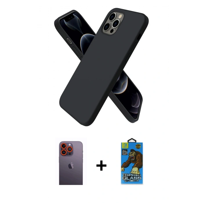 MARSİLYAN™- iPhone 12 Pro Max Kılıf Kozmos Yansıma Özel Seri - Siyah 18D Cam Ekran Koruyucu + Turuncu Neon Fosforlu Kamera Lens
