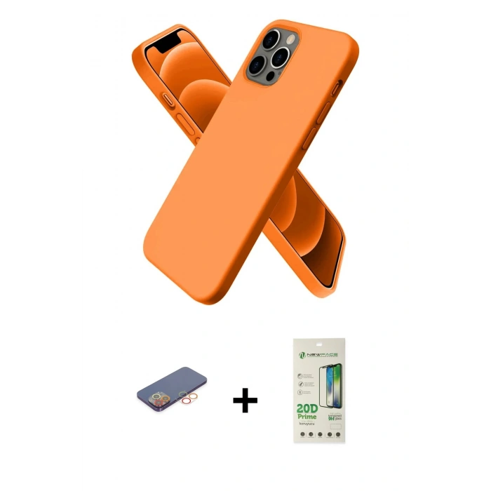 MARSİLYAN™- iPhone 12 Pro Max Kılıf Kozmos Yansıma Özel Seri - Siyah 20D Premium Cam Ekran Koruyucu + Turuncu Renkli Kamera Lens Koruma Cam