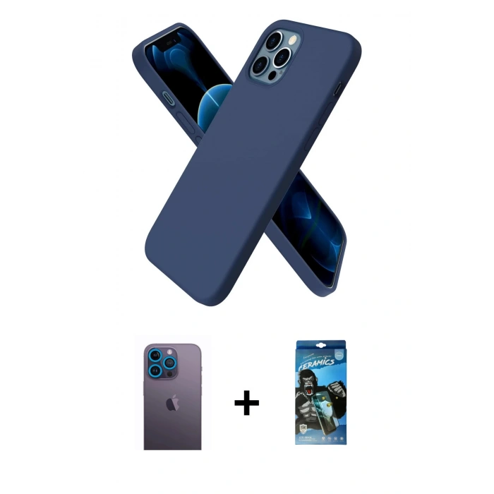 MARSİLYAN™- iPhone 12 Pro Max Kılıf Kozmos Yansıma Özel Seri - Siyah 34D Izgaralı Cam + Mavi Neon Fosforlu Kamera Lens