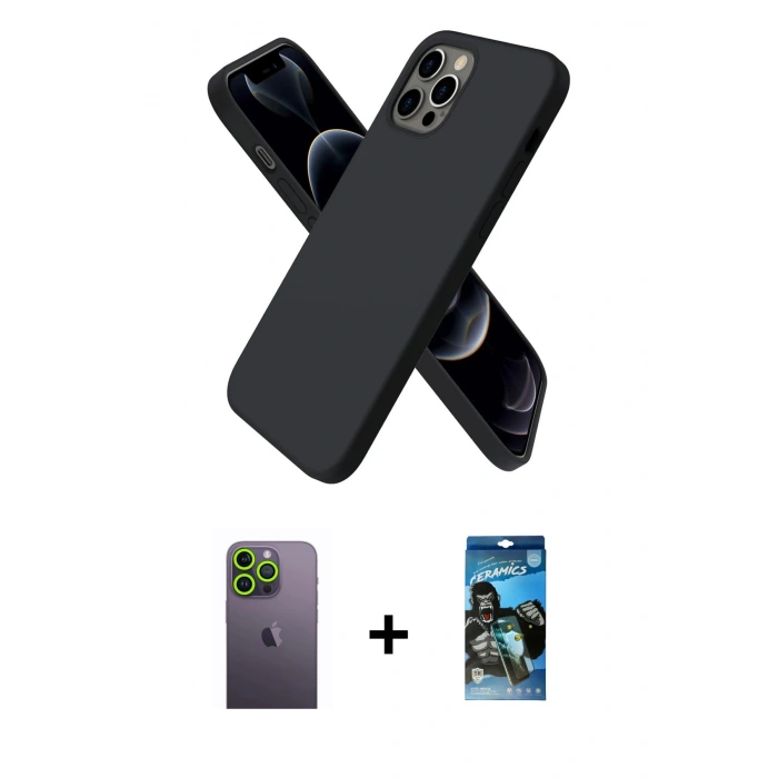 MARSİLYAN™- iPhone 12 Pro Max Kılıf Kozmos Yansıma Özel Seri - Siyah 34D Izgaralı Cam + Neon Fosforlu Kamera Lens - YL