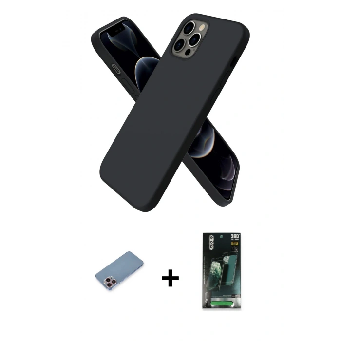 MARSİLYAN™- iPhone 12 Pro Max Kılıf Kozmos Yansıma Özel Seri - Siyah 360 Mat Full Body Arka Koruyucu + Shine Kamera Lens Koruma Cam - PE