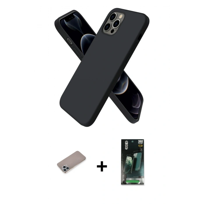 MARSİLYAN™- iPhone 12 Pro Max Kılıf Kozmos Yansıma Özel Seri - Siyah 360 Mat Full Body Arka Koruyucu + Sierra Blue Shine Kamera Lens Koruma Cam