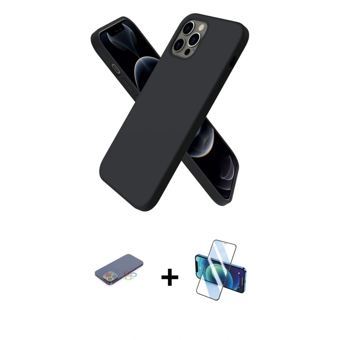 MARSİLYAN™- iPhone 12 Pro Max Kılıf Kozmos Yansıma Özel Seri - Siyah 3D Antistatik Cam Ekran Koruyucu + Renkli Kamera Lens Koruma Cam - MI