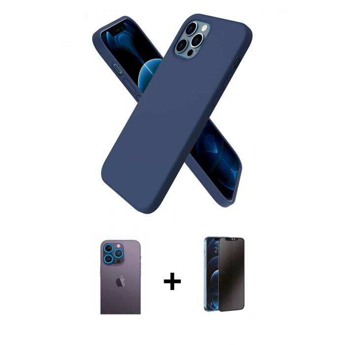 MARSİLYAN™- iPhone 12 Pro Max Kılıf Kozmos Yansıma Özel Seri - Siyah 3D Antistatik Hayalet Cam Ekran Koruyucu + Mavi Neon Fosforlu Kamera Lens