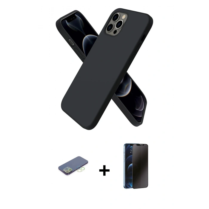 MARSİLYAN™- iPhone 12 Pro Max Kılıf Kozmos Yansıma Özel Seri - Siyah 3D Antistatik Hayalet Cam Ekran Koruyucu + Renkli Kamera Lens Koruma Cam - YL
