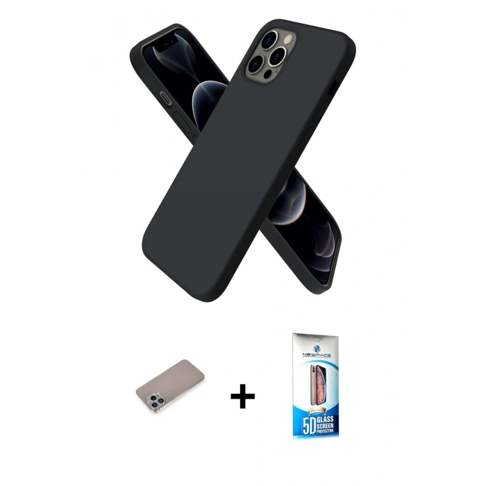 MARSİLYAN™- iPhone 12 Pro Max Kılıf Kozmos Yansıma Özel Seri - Siyah 5D Eko Cam Ekran Koruyucu + Sierra Blue Shine Kamera Lens Koruma Cam
