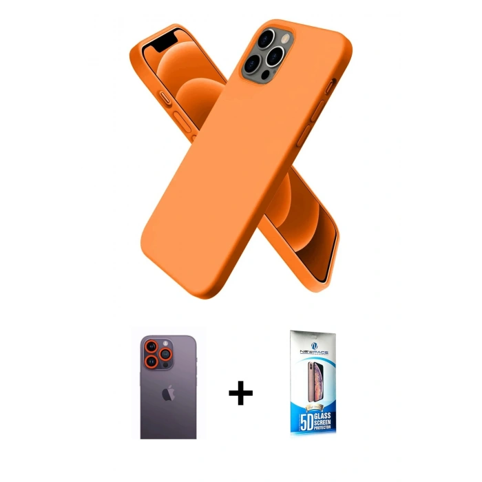 MARSİLYAN™- iPhone 12 Pro Max Kılıf Kozmos Yansıma Özel Seri - Siyah 5D Eko Cam Ekran Koruyucu + Turuncu Neon Fosforlu Kamera Lens
