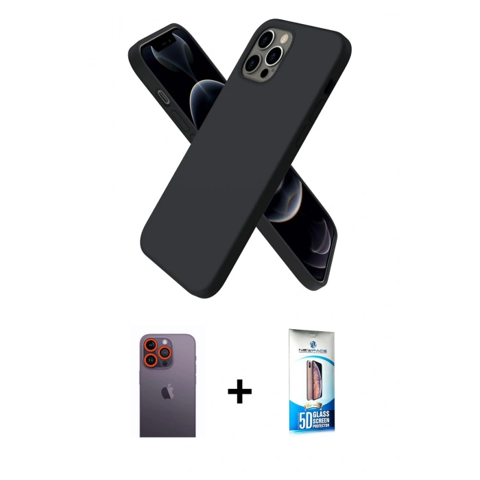 MARSİLYAN™- iPhone 12 Pro Max Kılıf Kozmos Yansıma Özel Seri - Siyah 5D Eko Cam Ekran Koruyucu + Turuncu Neon Fosforlu Kamera Lens