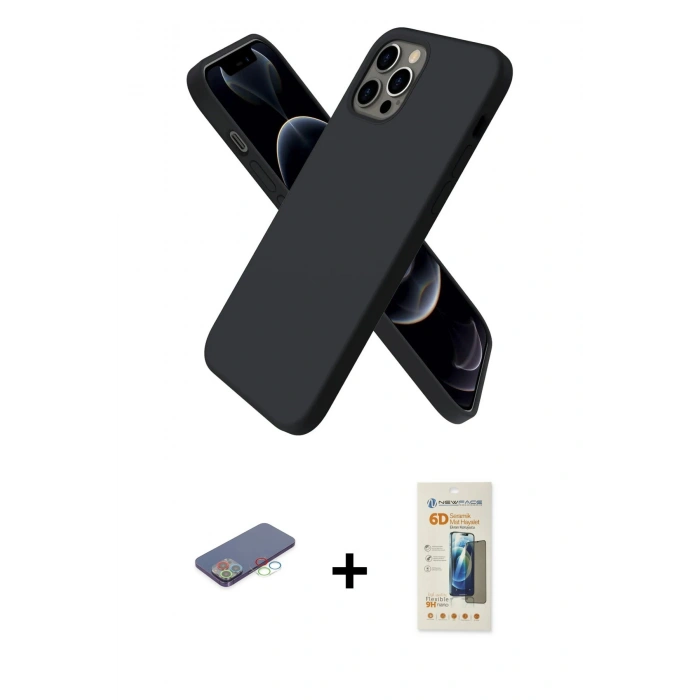 MARSİLYAN™- iPhone 12 Pro Max Kılıf Kozmos Yansıma Özel Seri - Siyah 6D Mat Seramik Hayalet Nano Ekran Koruyucu + Mavi Renkli Kamera Lens Koruma Cam