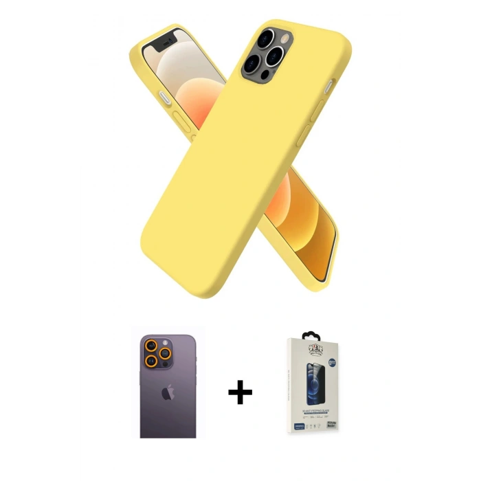 MARSİLYAN™- iPhone 12 Pro Max Kılıf Kozmos Yansıma Özel Seri - Siyah Bilvis Hayalet Cam Ekran Koruyucu + Sarı Neon Fosforlu Kamera Lens