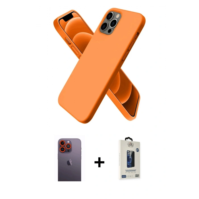 MARSİLYAN™- iPhone 12 Pro Max Kılıf Kozmos Yansıma Özel Seri - Siyah Bilvis Hayalet Cam Ekran Koruyucu + Turuncu Neon Fosforlu Kamera Lens