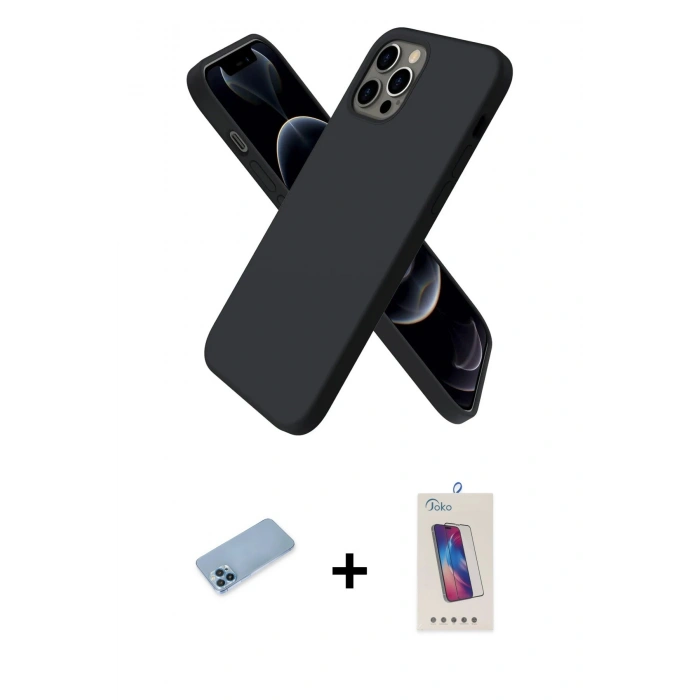 MARSİLYAN™- iPhone 12 Pro Max Kılıf Kozmos Yansıma Özel Seri - Siyah Joko 5D Cam + Mavi Shine Kamera Lens Koruma Cam