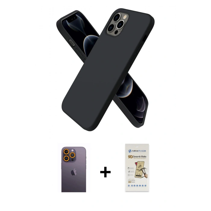 MARSİLYAN™- iPhone 12 Pro Max Kılıf Kozmos Yansıma Özel Seri - Siyah Mat Seramik Nano Ekran Koruyucu + Sarı Neon Fosforlu Kamera Lens