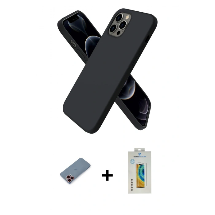 MARSİLYAN™- iPhone 12 Pro Max Kılıf Kozmos Yansıma Özel Seri - Siyah Polymer Nano Ekran Koruyucu + Kırmızı Metal Kamera Lens Koruma Cam