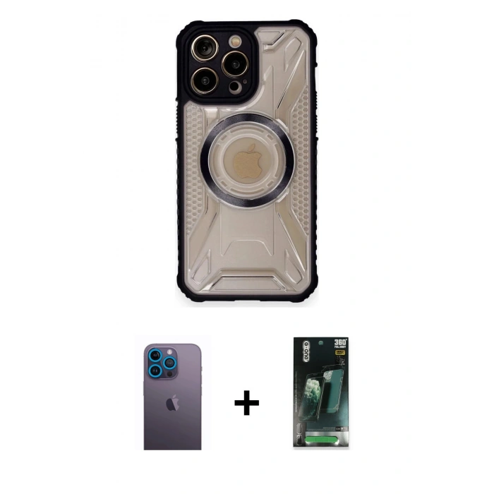MARSİLYAN™- iPhone 12 Pro Max Kılıf Kutup Modern - Şeffaf 360 Full Body Arka Koruyucu + Neon Fosforlu Kamera Lens - MI