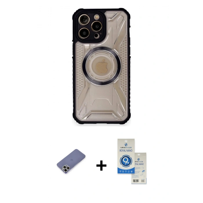 MARSİLYAN™- iPhone 12 Pro Max Kılıf Kutup Modern - Şeffaf Royal Nano Ekran Koruyucu + Metal Kamera Lens Koruma Cam - GD