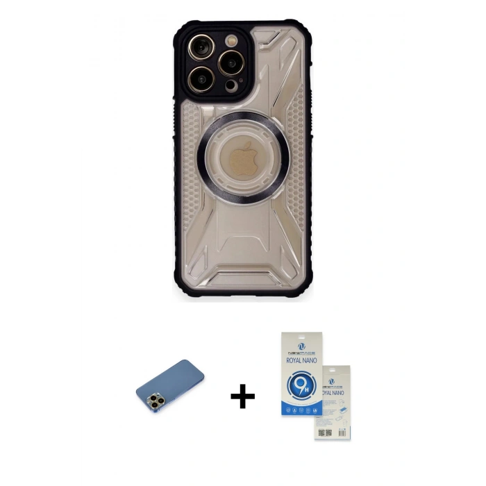 MARSİLYAN™- iPhone 12 Pro Max Kılıf Kutup Modern - Şeffaf Royal Nano Ekran Koruyucu + Gold Shine Kamera Lens Koruma Cam